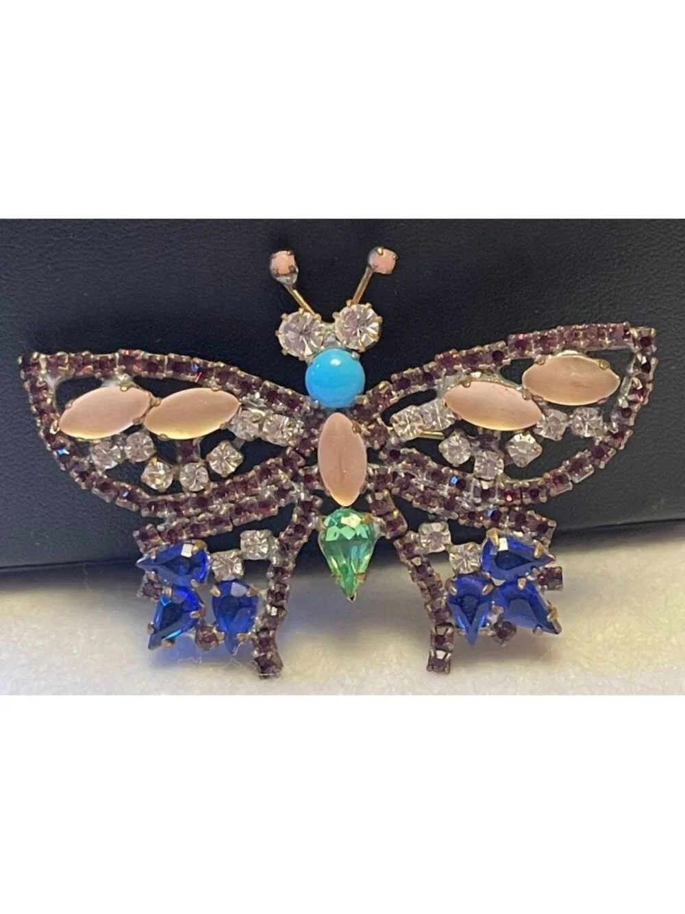 Vtg Czech Glass Butterfly Brooch With Rare Colored Glass Stones & Intricate Desi
